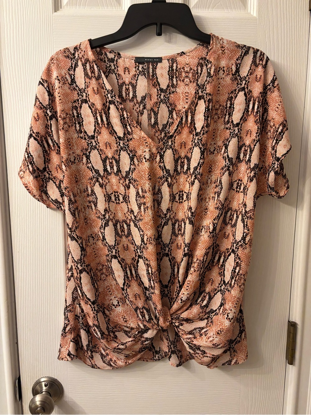 West Kei Pink Brown Snake-Print Short Sleeve Knot Front Top